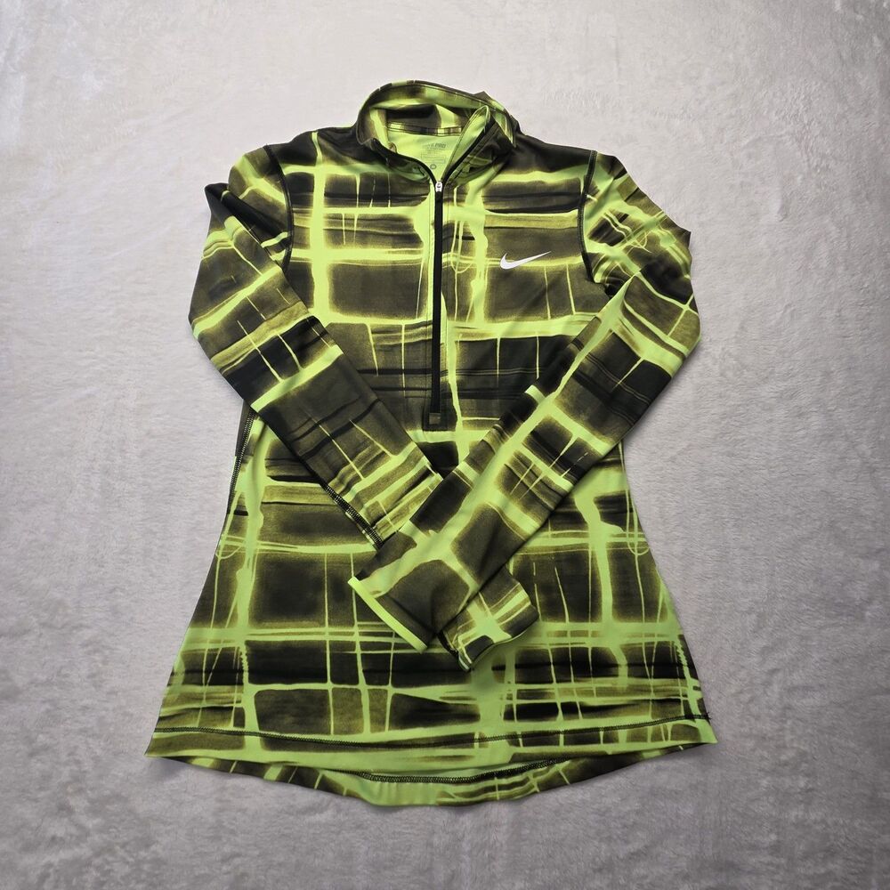 Nike Pro Running 1/4 Zip Womens Medium Neon Yellow Black Pullover Thumbholes